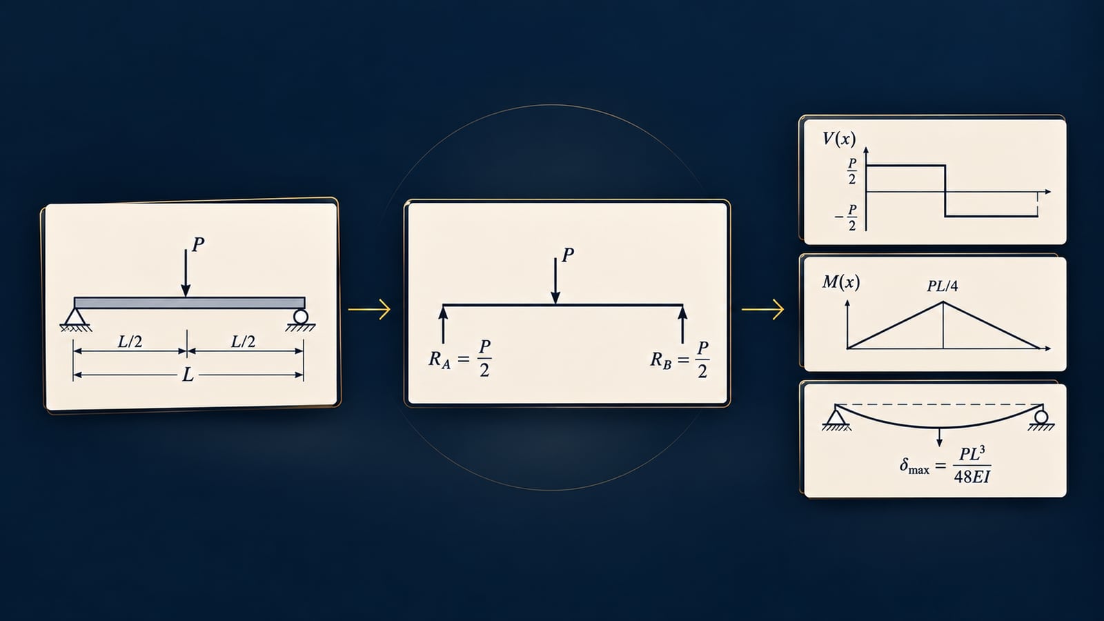 A simply supported beam with a centre load, its free-body diagram with reactions of P/2, and its shear diagram, moment diagram peaking at PL/4, and downward deflection of PL³/48EI.