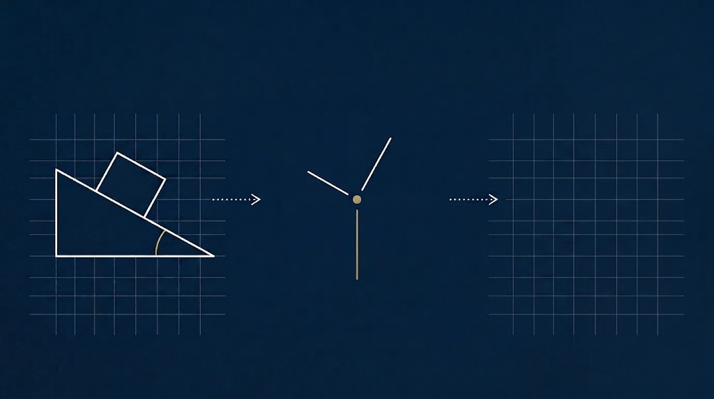 Physics problem progressing from a physical system to a force model and mathematical analysis.