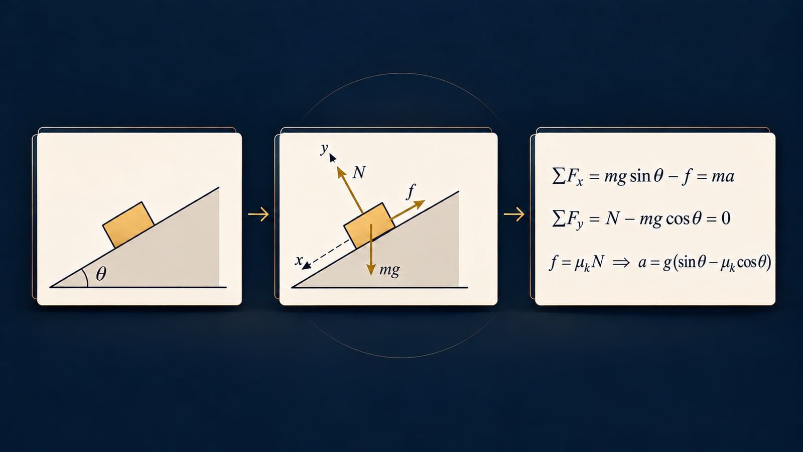 A block on an incline, its free-body diagram with weight, normal force and friction on tilted axes, and the resulting equations for its acceleration down the slope.